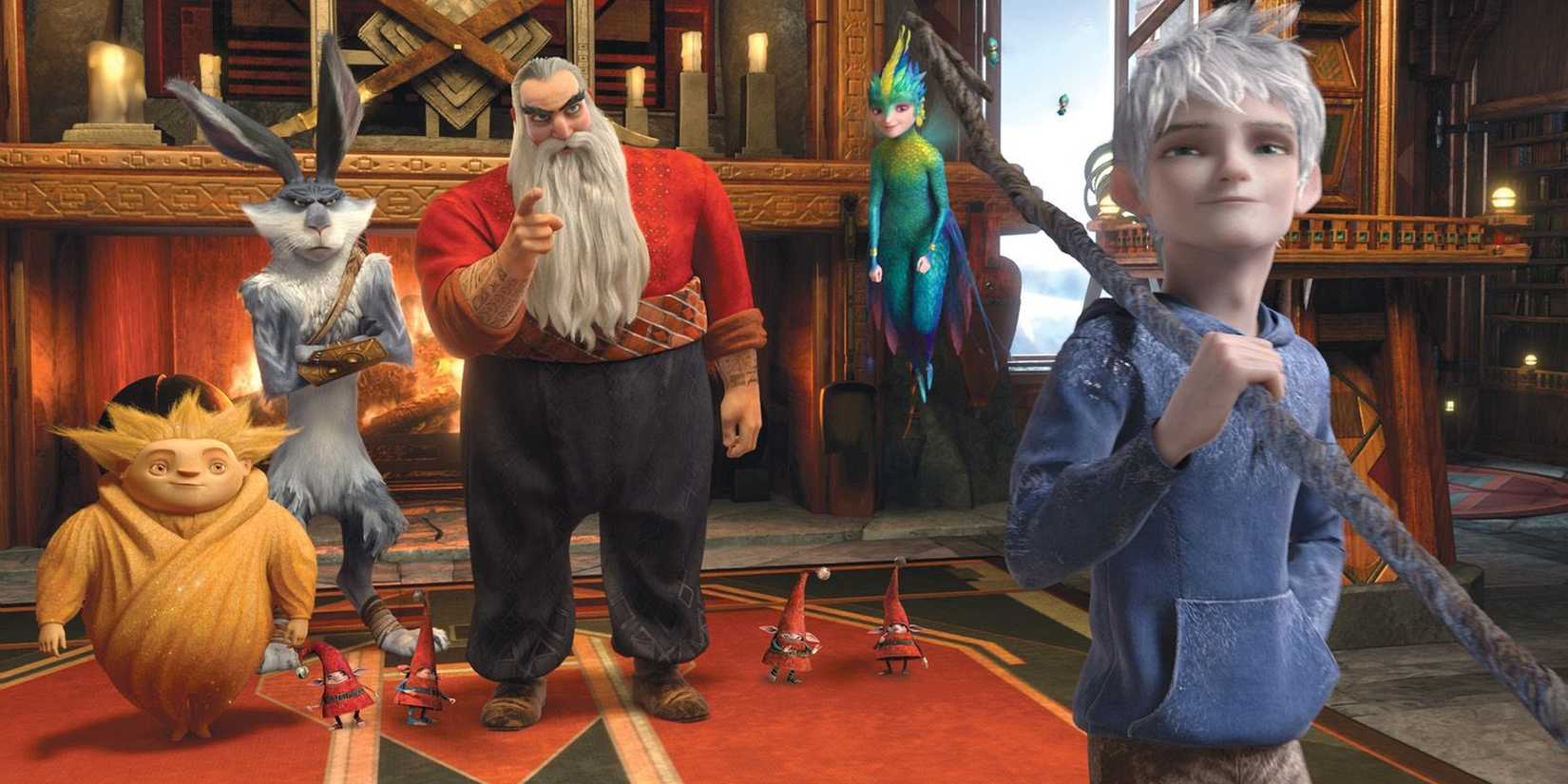 The Guardians of Childhood at the North Pole inside a room looking at Jack Frost in Rise of the Guardians.