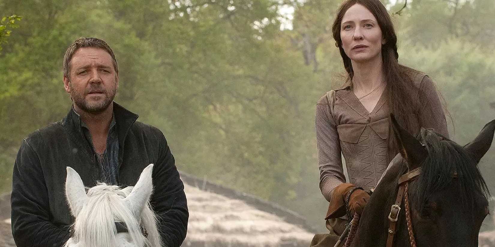 Robin and Marion on horses together.