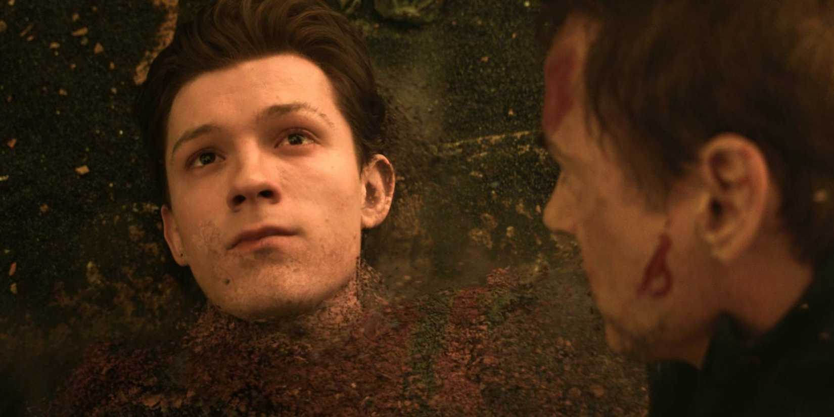 Peter Parker turns to dust in Tony Stark's arms in Avengers: Infinity War.
