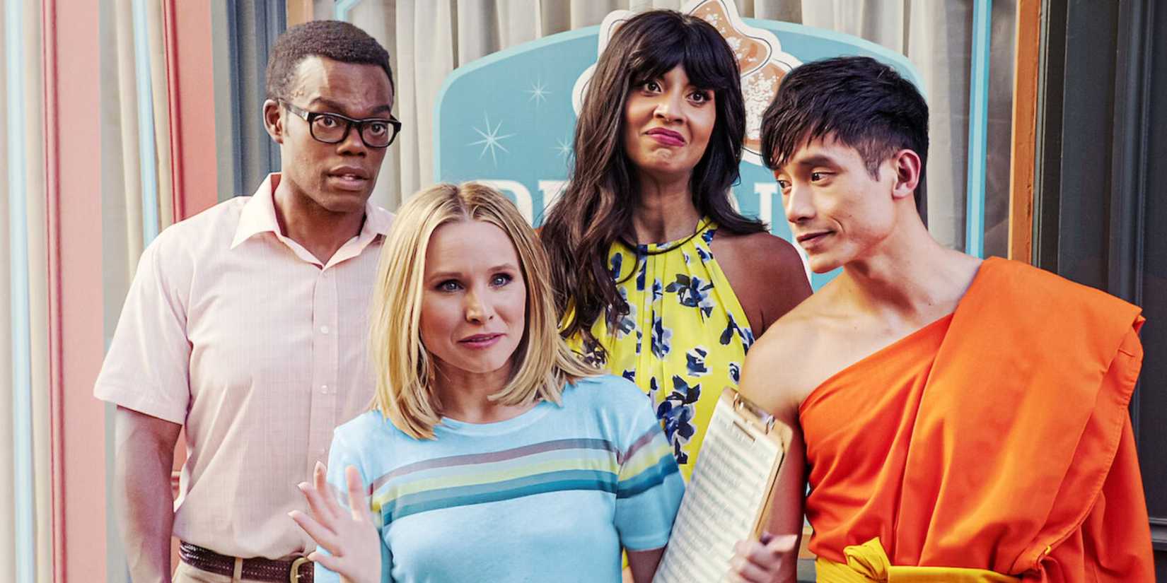 Eleanor speaking while Chidi, Jason and Tahani listen in The Good Place.