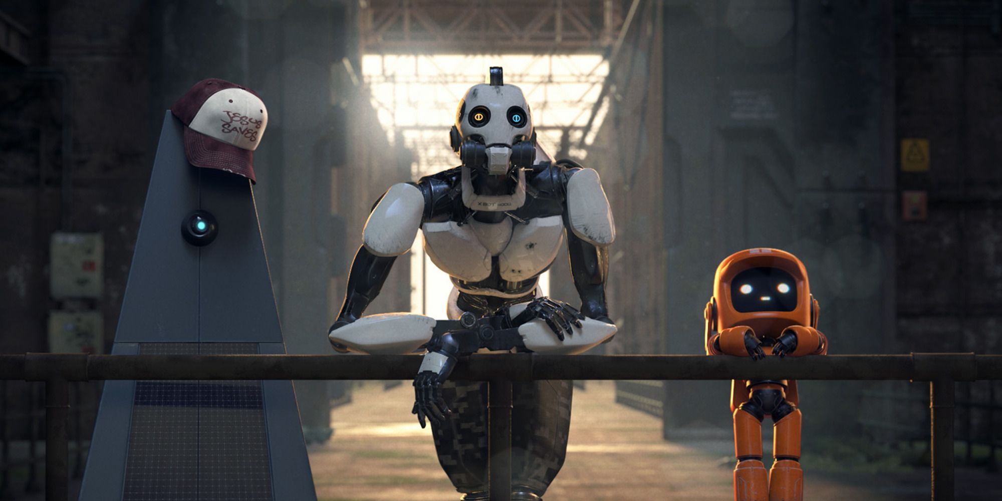 three robots; one pyramidal, one white and humanoid, one orange and small, from Love, Death and Robots