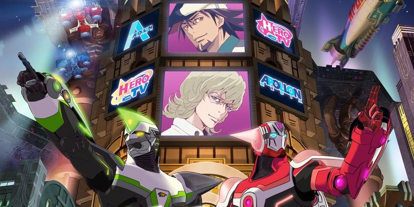 Tiger & Bunny pose in front of advertisement screens of themselves.