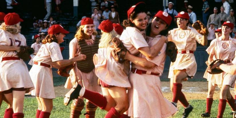 Female baseball players embracing in celebration in A League of Their Own