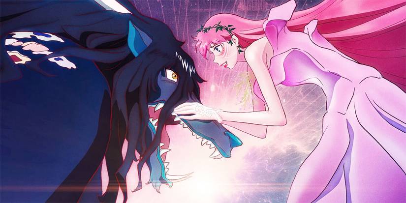 Belle, in a flowing pink gown, holds the snout of the Dragon in her hands, singing to calm it down