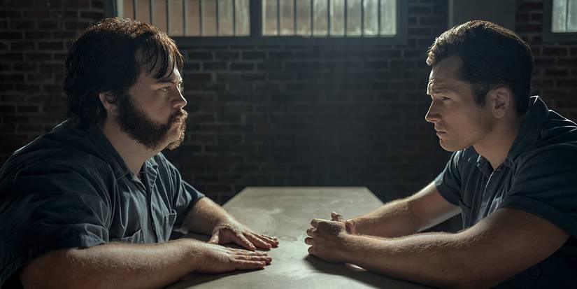 Taron egerton and Paul Walter Hauser talking inside a prison in 'Black Bird'.