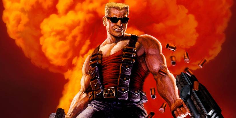 Duke Nukem holding a gun with an explosion in the background