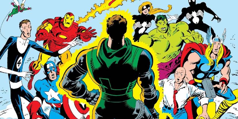 Pahlawan super tampak kaget pada seorang pria yang membelakangi kamera.