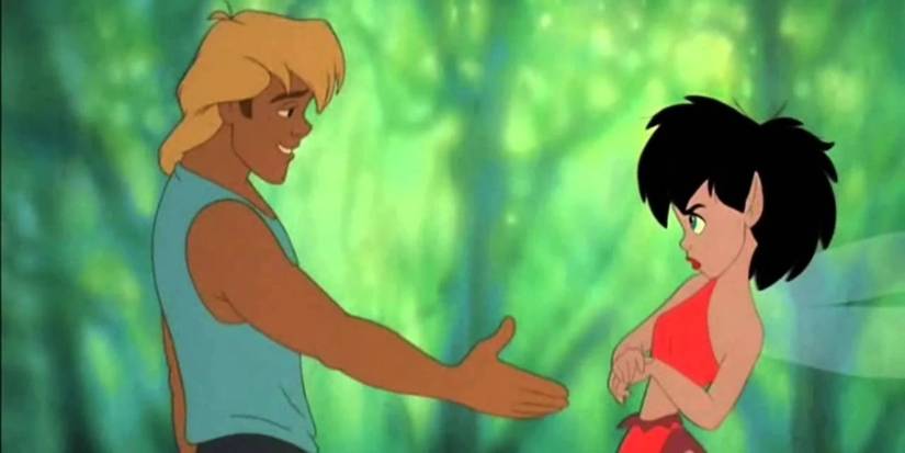 A young man offering his hand to an apprehensive fairy girl in FernGully: The Last Rainforest