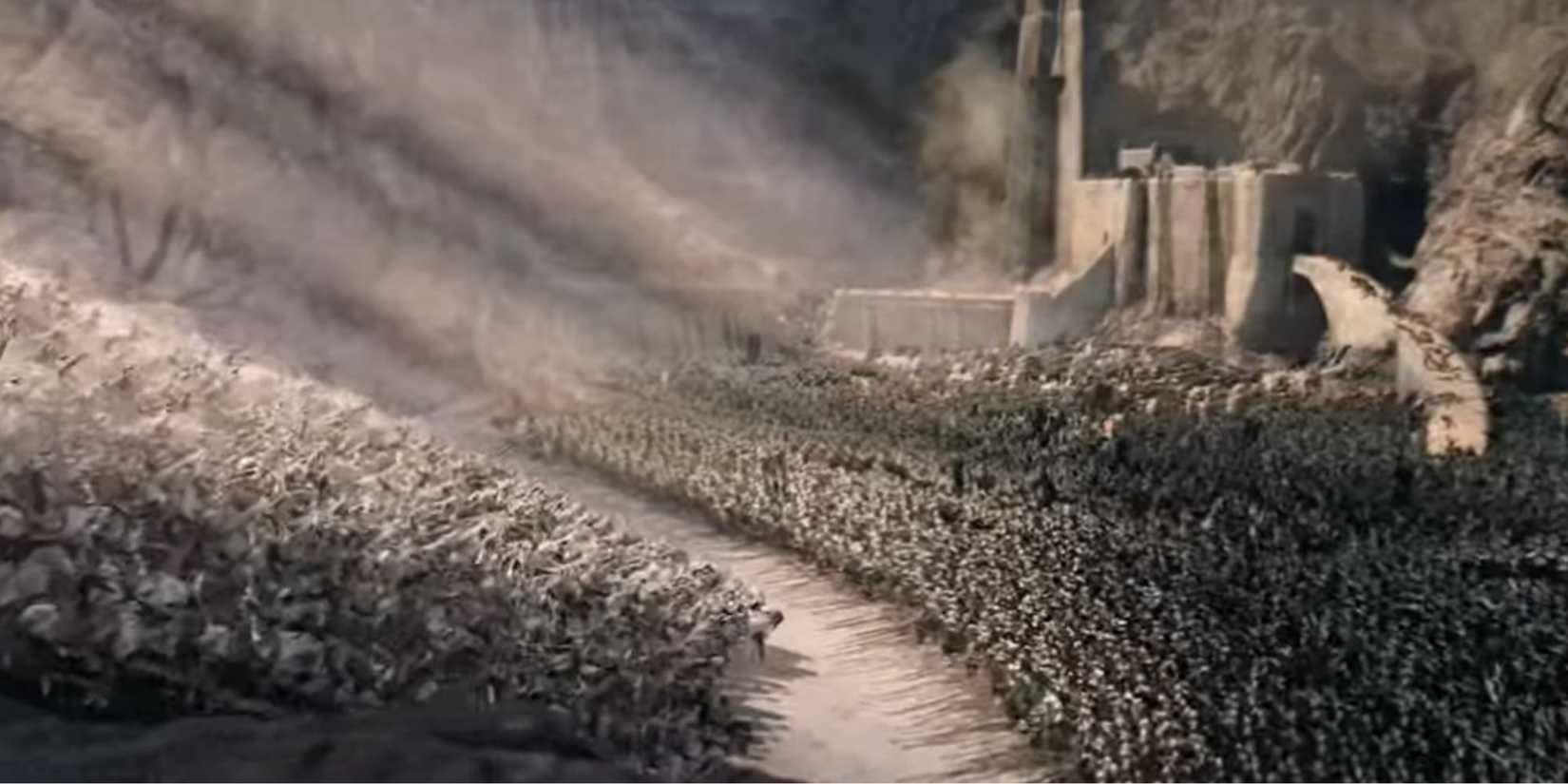 Gandalf's reinforcements arrive and flank the orcs from behind in Lord of the Rings: The Two Towers