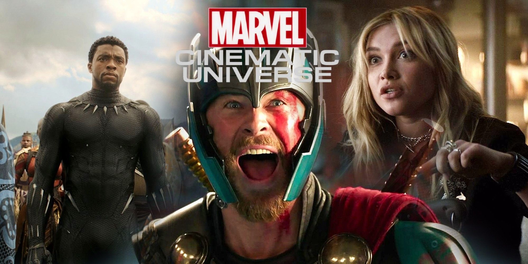 Chadwick Boseman as Black Panther, Chris Hemsworth as Thor and Florence Pugh as Black Widow