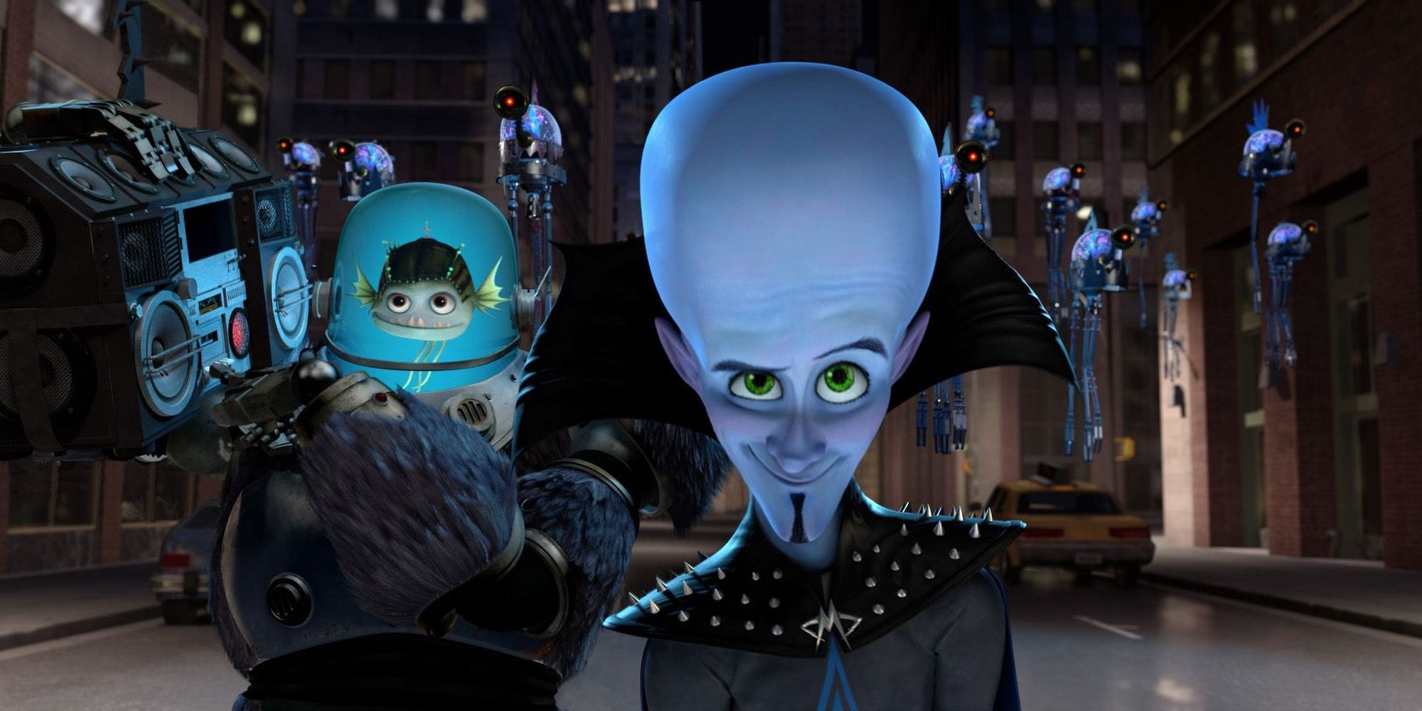 Victory of Megamind and Minion walking through the streets of Metro City.