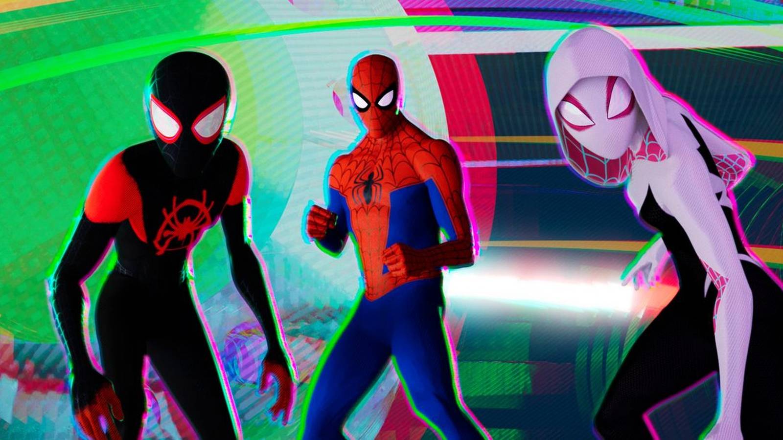 Miles Morales, Peter B. Parker, and Gwen Stacy in costume standing together.