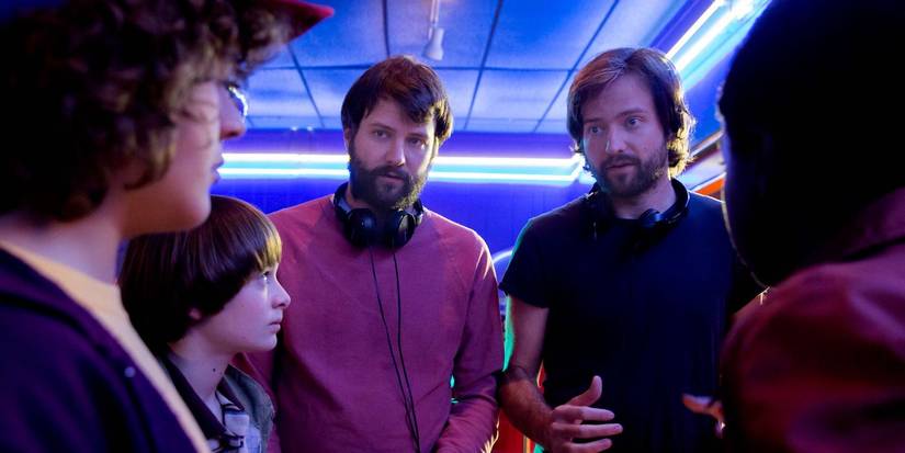 The Duffer brothers directing the kids on the set of Stranger Things