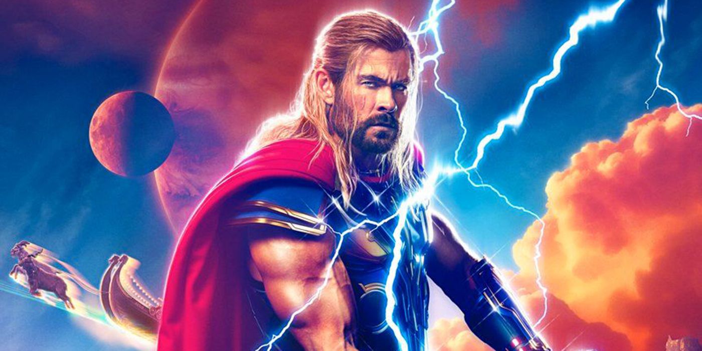 Chris Hemsworth as Thor surrounded by lightning in Thor Love and Thunder