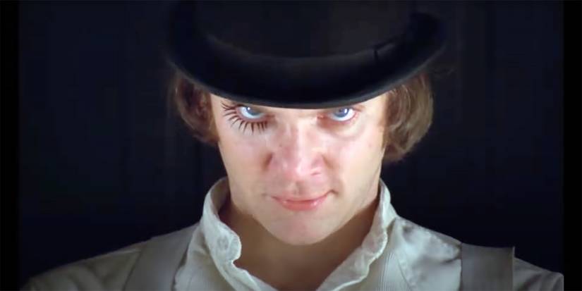 Malcolm McDowell as Alex stares straight into the camera in 'A Clockwork Orange'