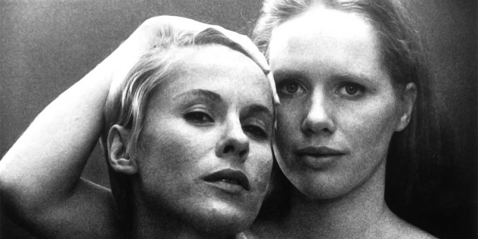 Black and white picture two women (Bibi Andersson and Liv Ullmann) looking in a mirror in Persona