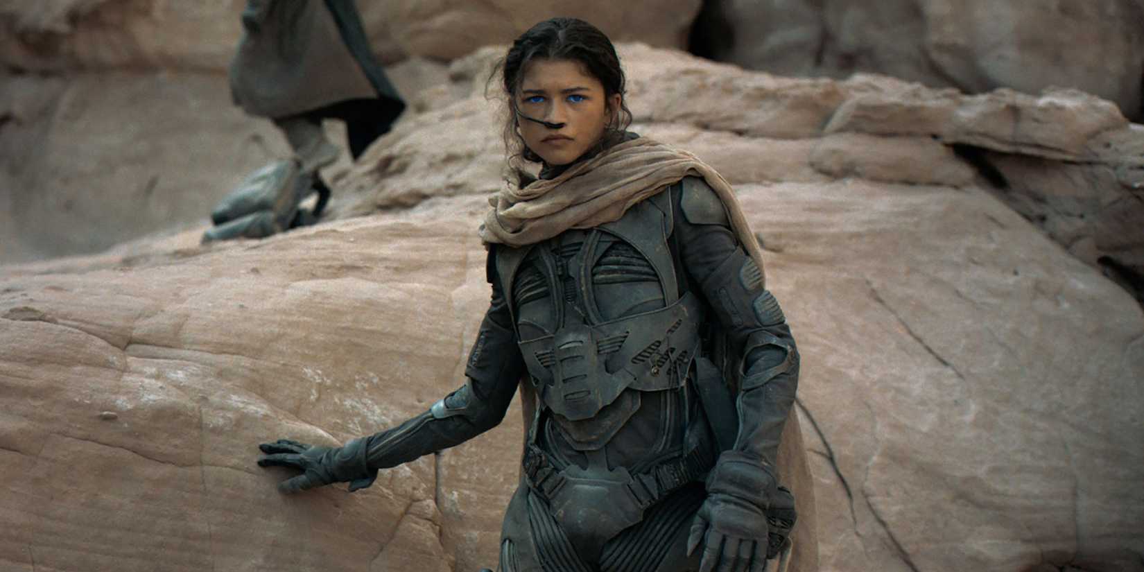 Zendaya as Chani, wearing a stillsuit, leaning against a rock in Dune.