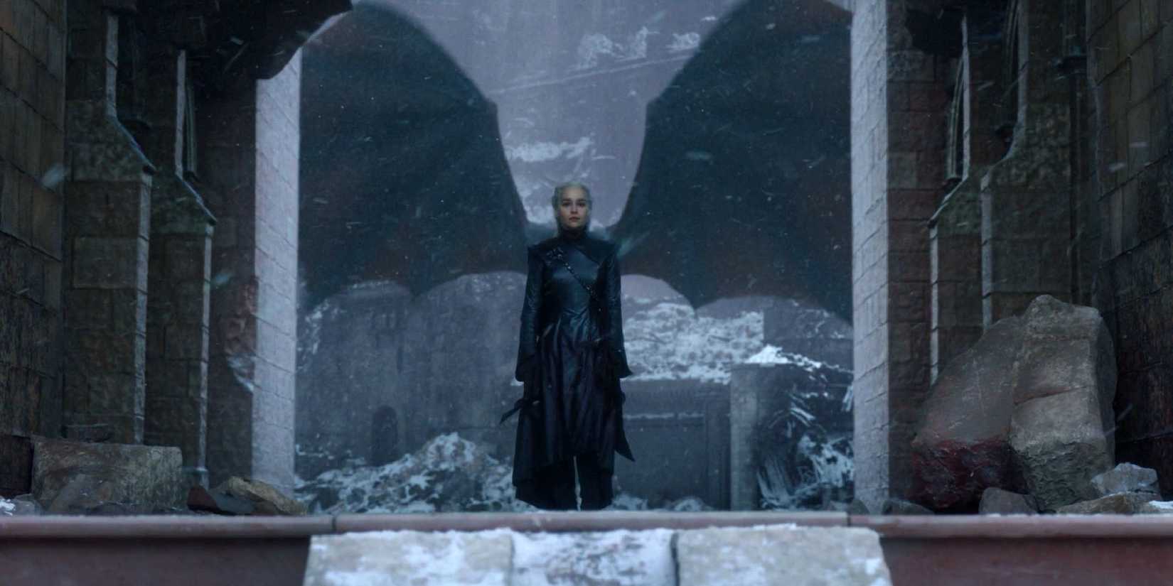 Daenerys Targaryen with her dragons wings unfurled behind her in the Game of Thrones series finale