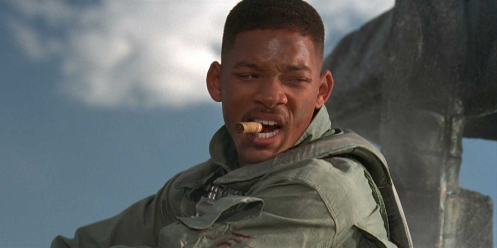 Captain Hiller smoking a cigar and climbing a tower in Independence Day