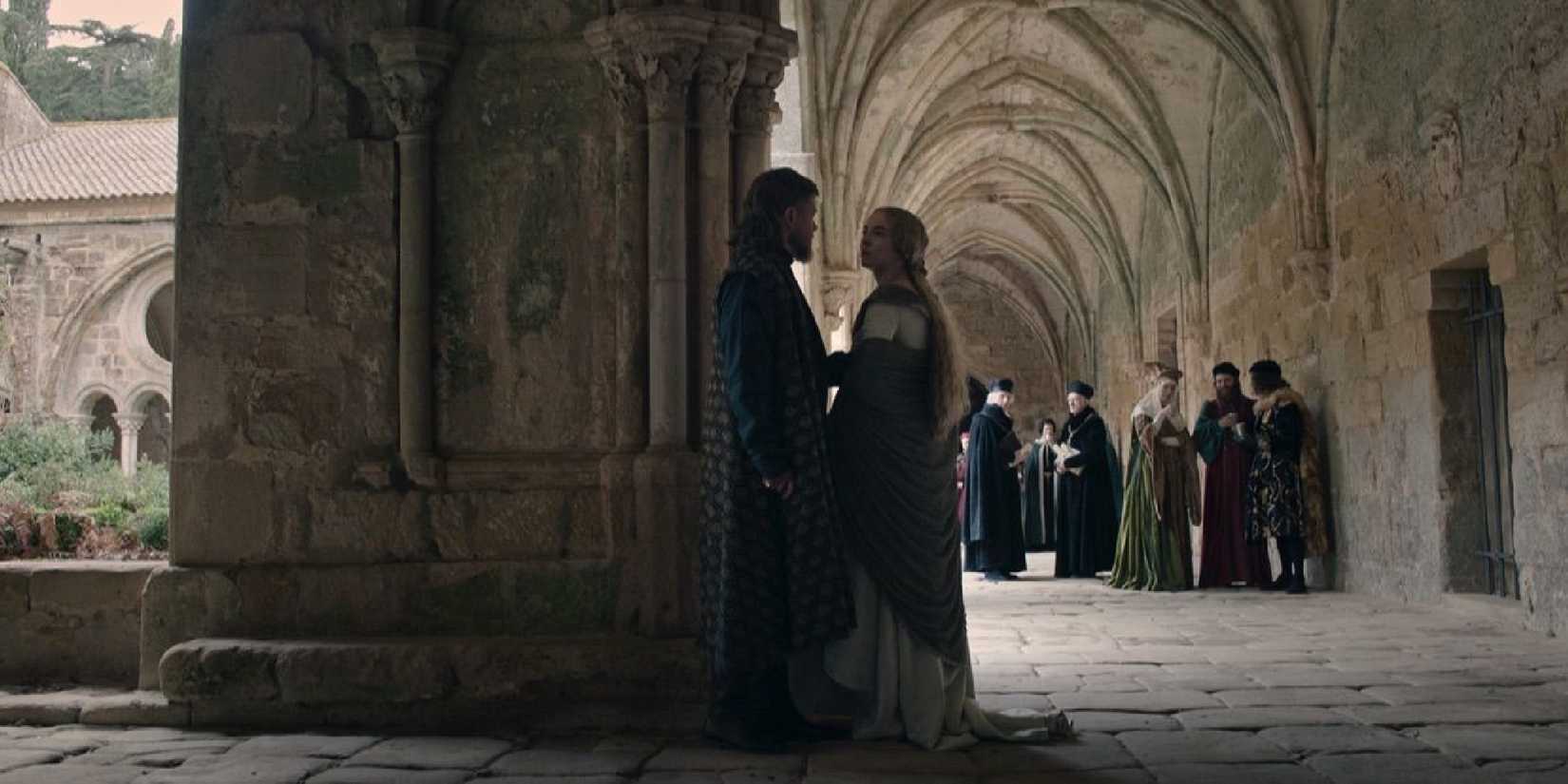 Two people talking in The Last Duel