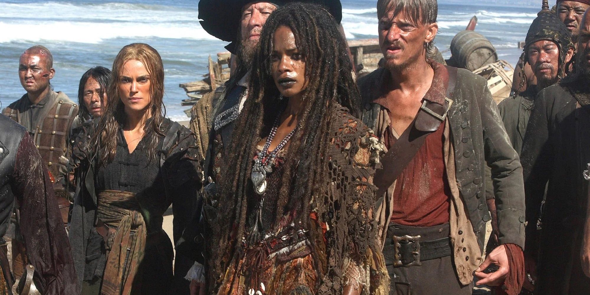 Tia Dalma, Barbossa, and Elizabeth Swann in Pirates of the Carribean: At World's End.