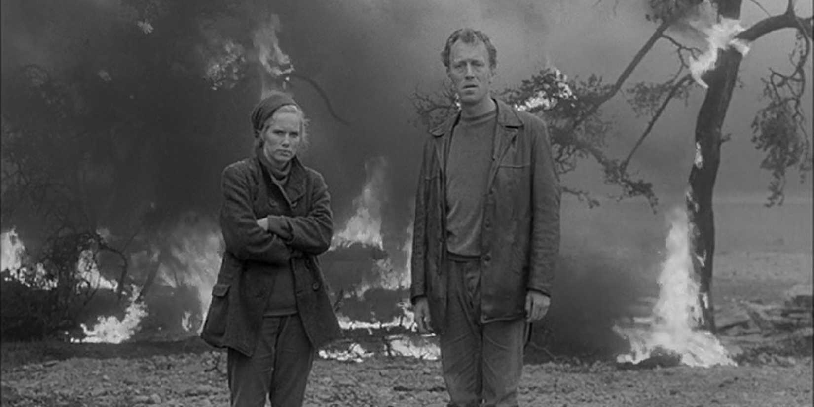 A man and a woman looking ahead in Shame (1968)