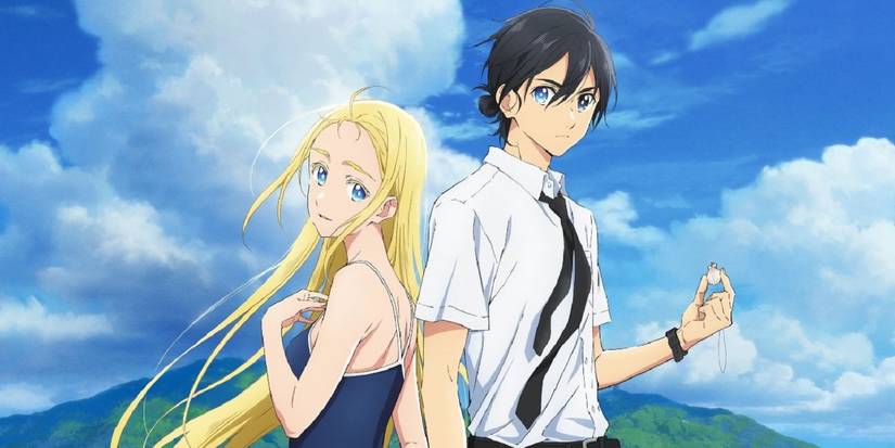 A girl and a boy back-to-back looking at the camera in Summer-Time-Rendering