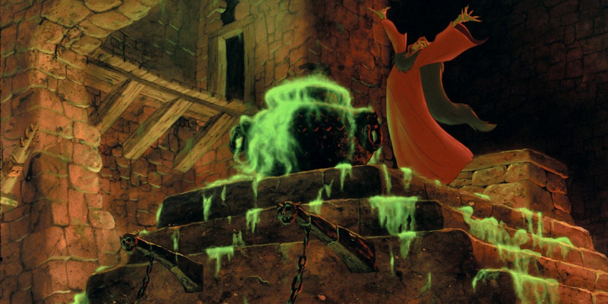 The Horned King with the Black Cauldron on stone steps.