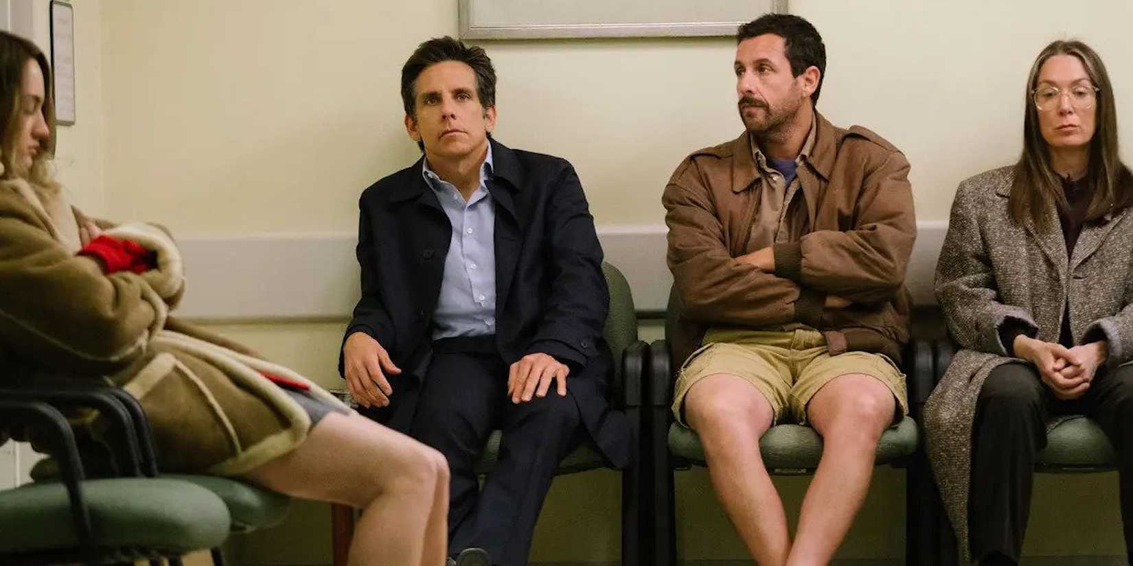 Adam Sandler, Ben Stiller, Elizabeth Marvel, Grace Van Patten in a waiting room in The Meyerowitz Stories.