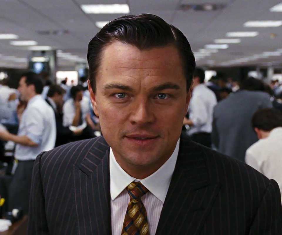 Leonardo DiCaprio's Jordan looks straight at the camera in The Wolf of Wall Street