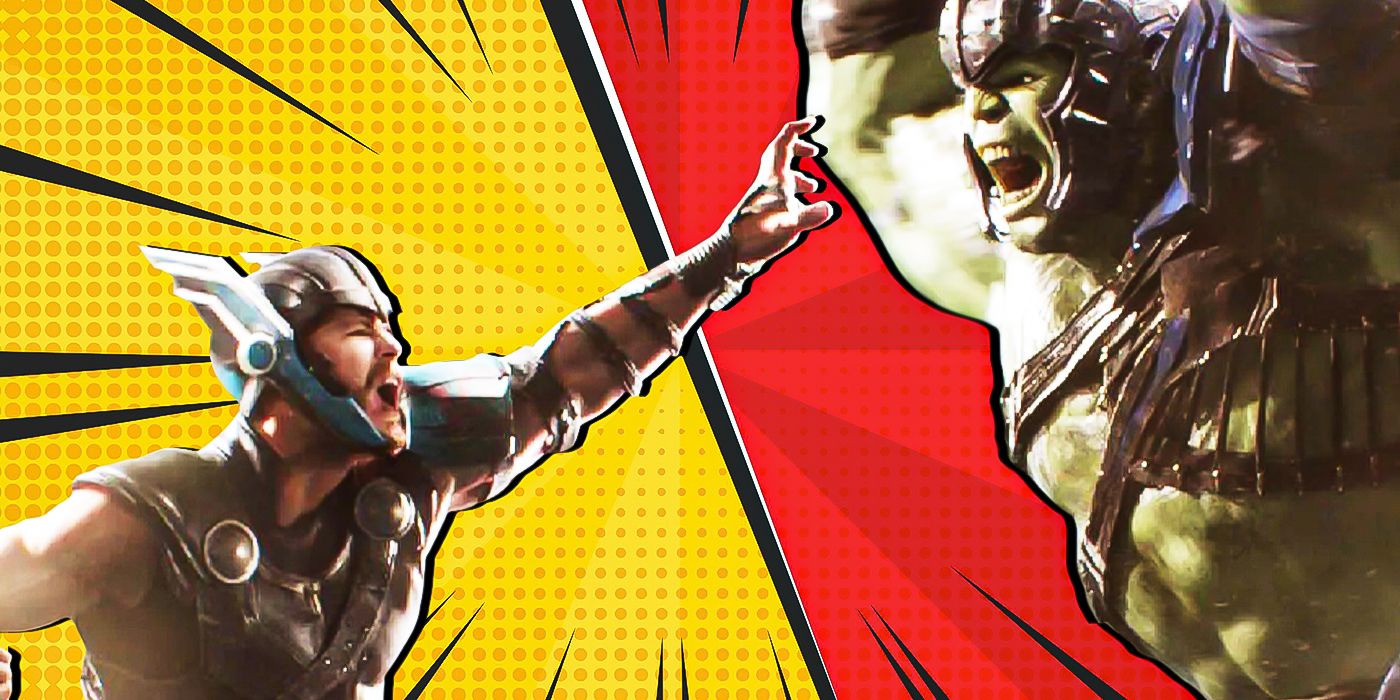 Blended image showing Thor and Hulk fighting in Thor: Ragnarok in the style of a comic book