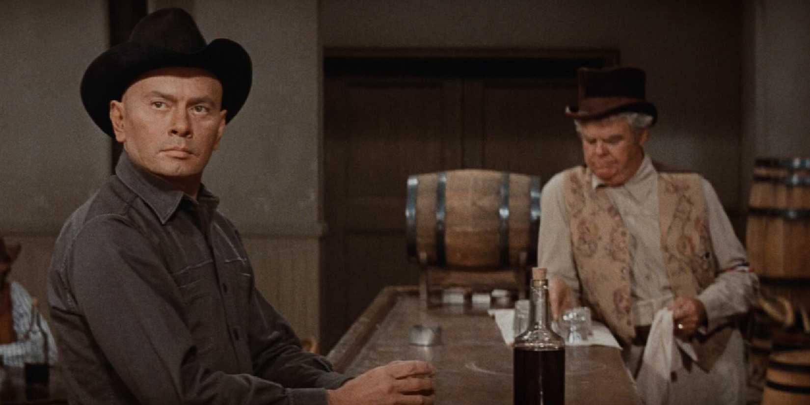 Yul Brynner at a saloon looking to his side in Westworld, 1973.