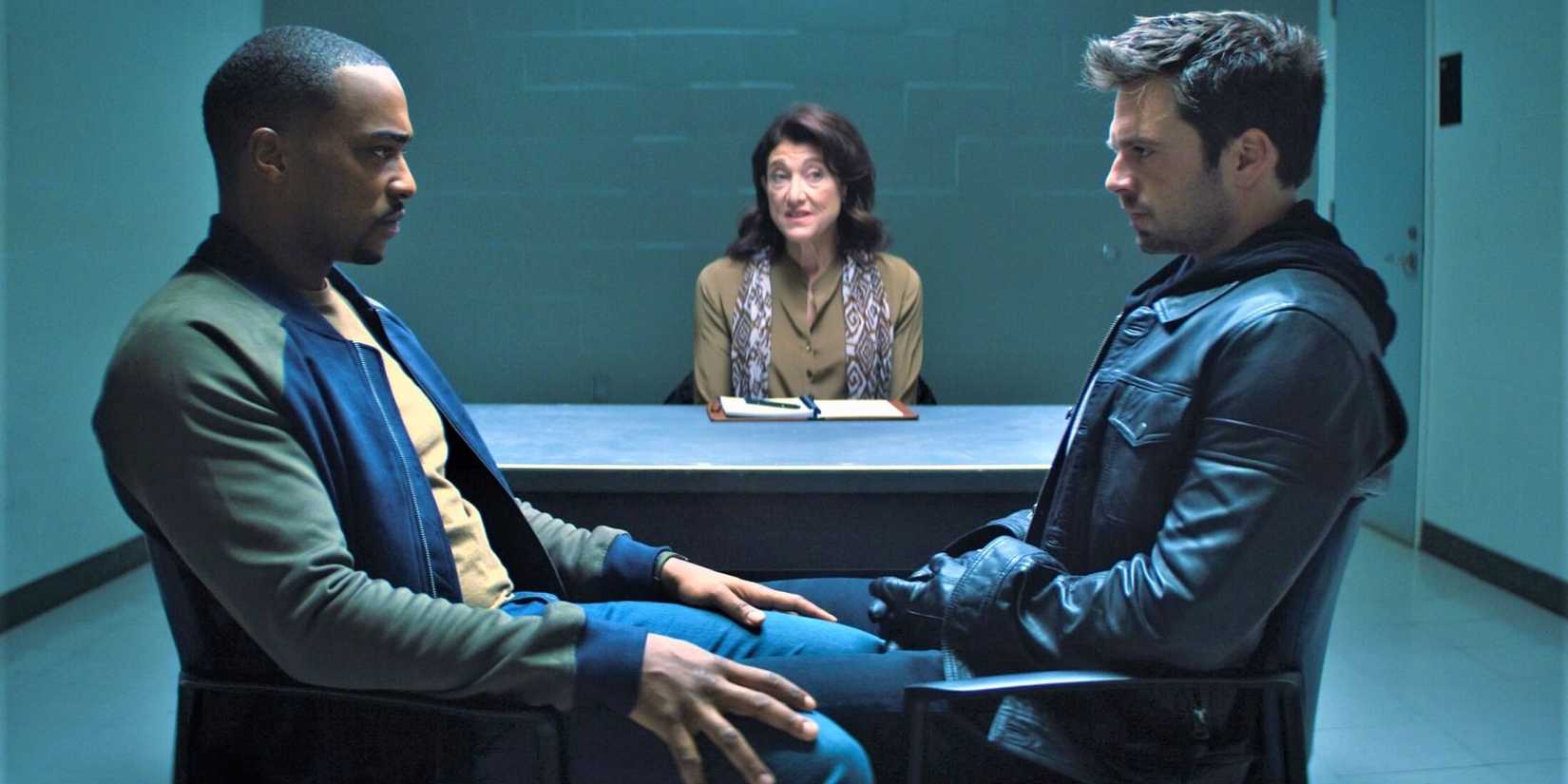 Sam Wilson and Bucky Barnes in therapy together in 'The Falcon and the Winter Soldier'