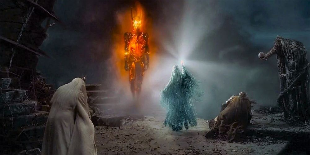 Galadriel, Elrond, and Saruman facing Sauron in The Hobbit: The Battle of The Five Armies