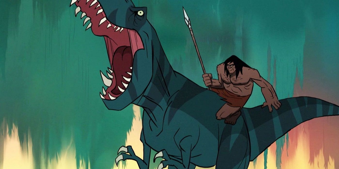 A person in a loincloth holding a spear and riding a T-Rex in Primal. 