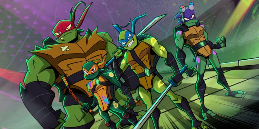 Donatello, Leonardo, Michelangelo, and Raphael stand ready in Rise of the Teenage Mutant Ninja Turtles.