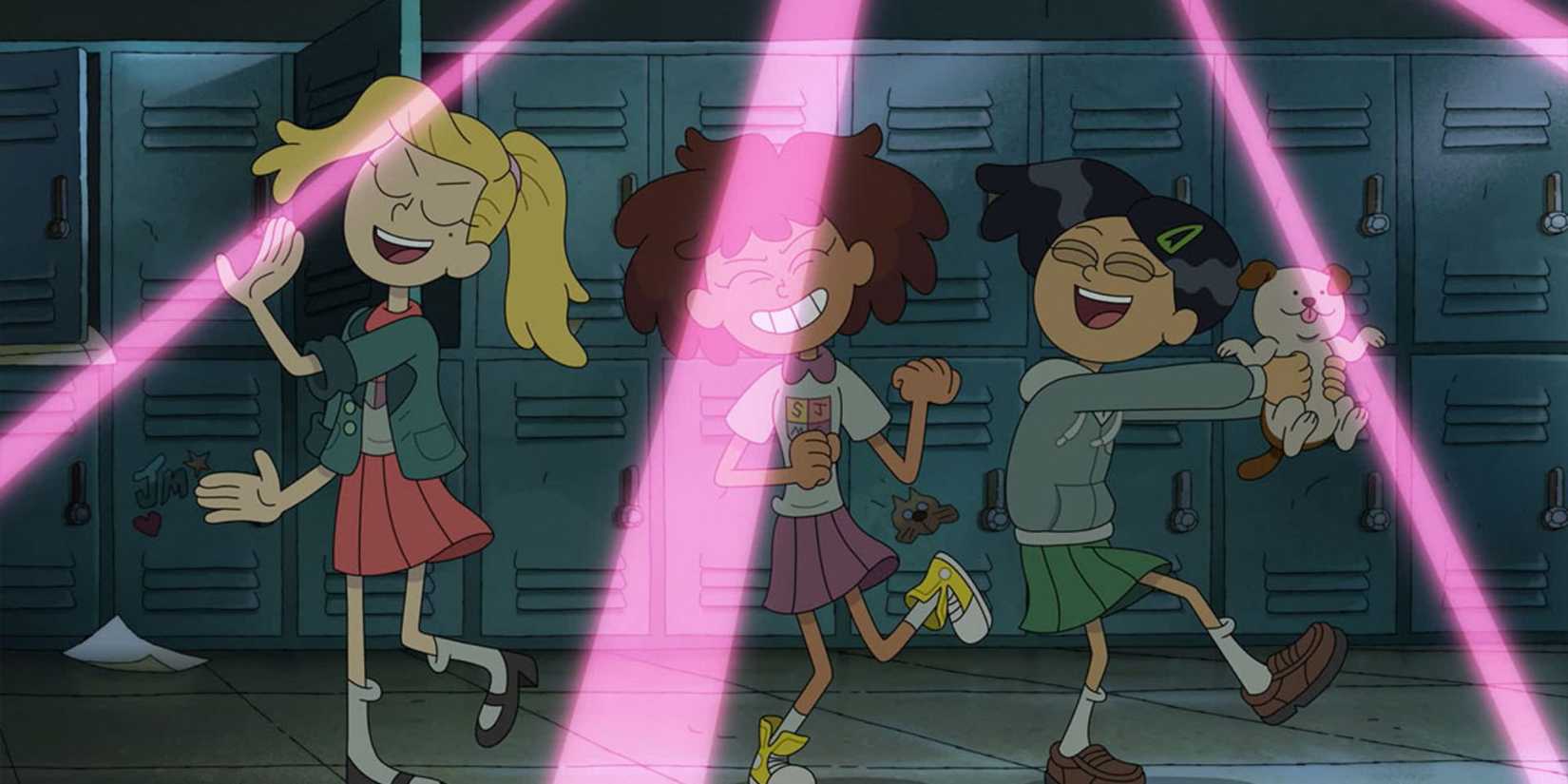 Anne, Sasha, and Marcy dance in school with purple beams of light in Amphibia.