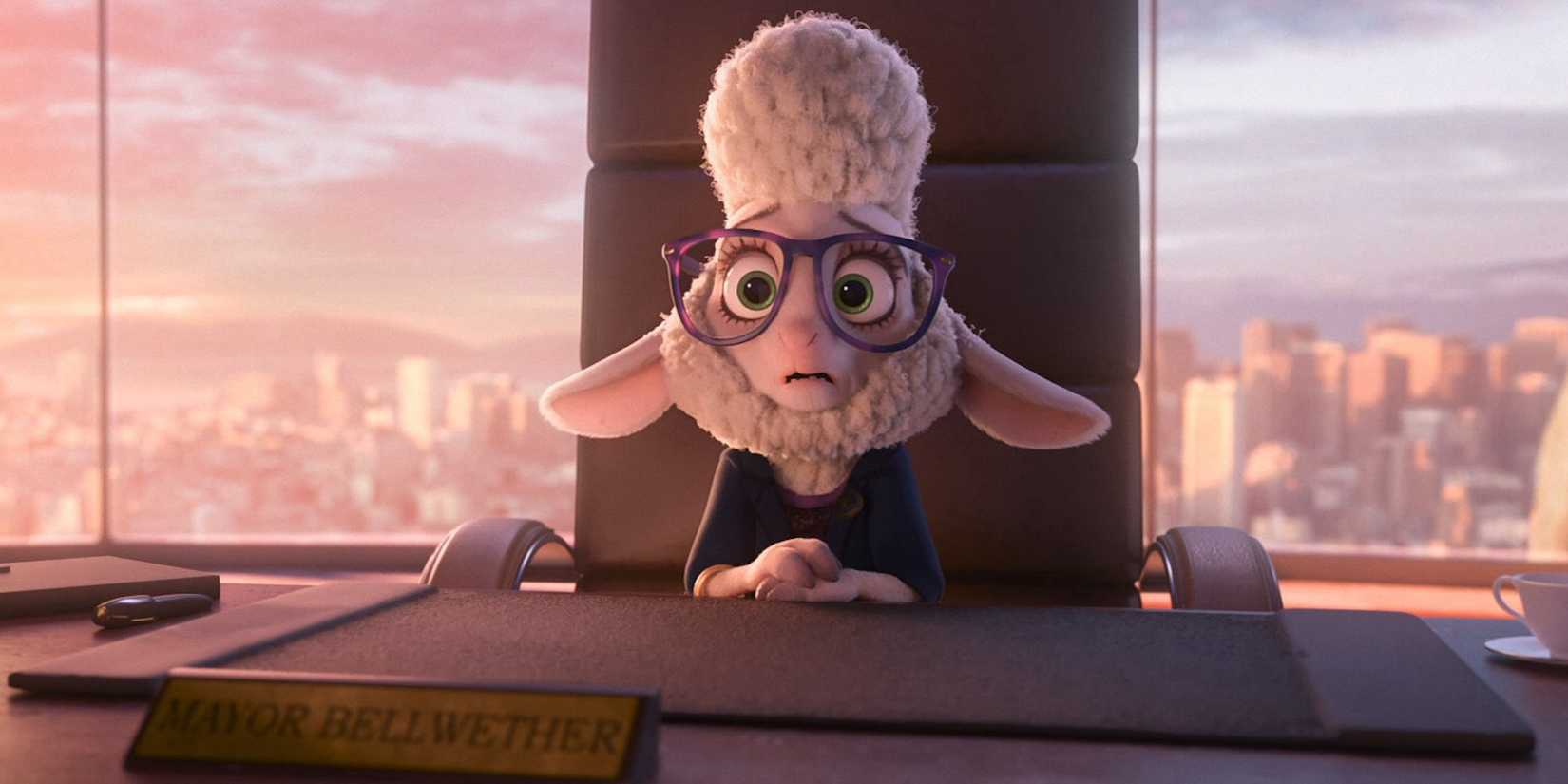 Assistant Mayor Bellwether sitting at a desk and looking confused in Zootopia