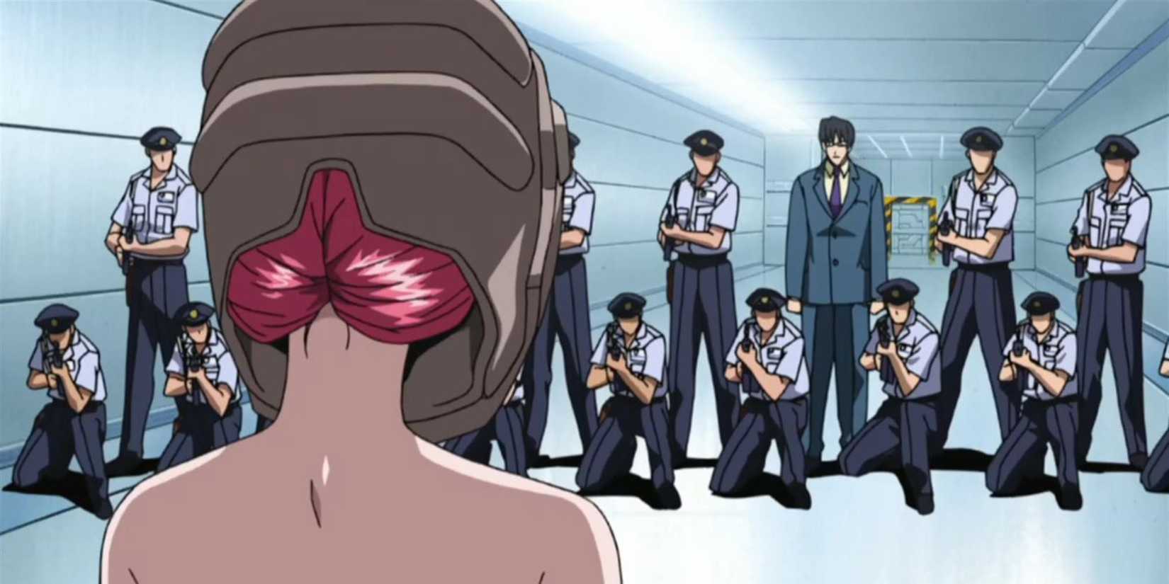Cops pointing guns at Lucy in Elfen Lied