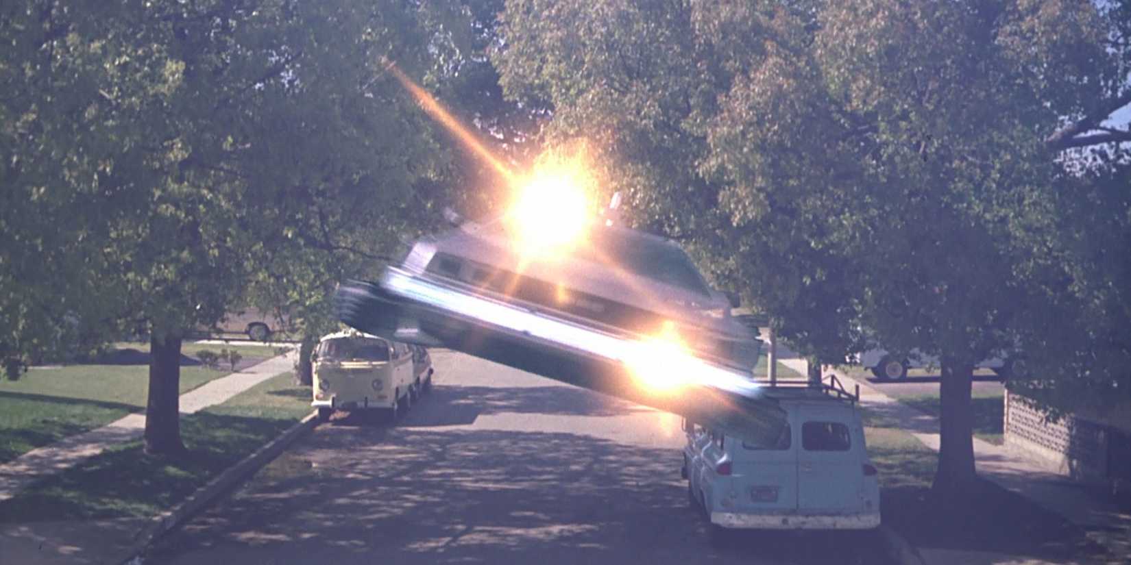 DeLorean from Back to the Future flying toward the camera