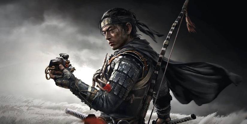A samurai holding a mask in Ghost-of-Tsushima