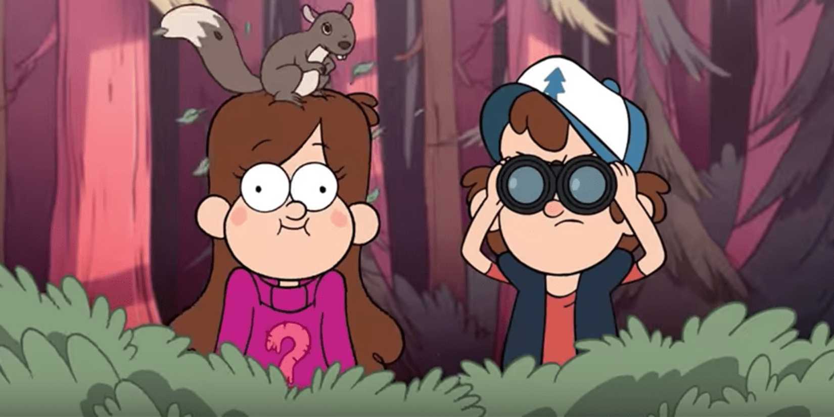 Dipper and Mabel watching from behind bushes in 'Gravity Falls'.