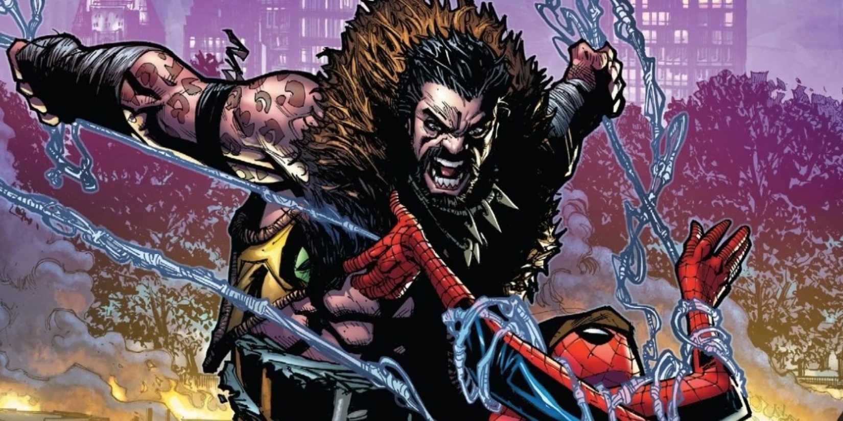 Kraven the Hunter fights Spider-Man in the park in Marvel comics