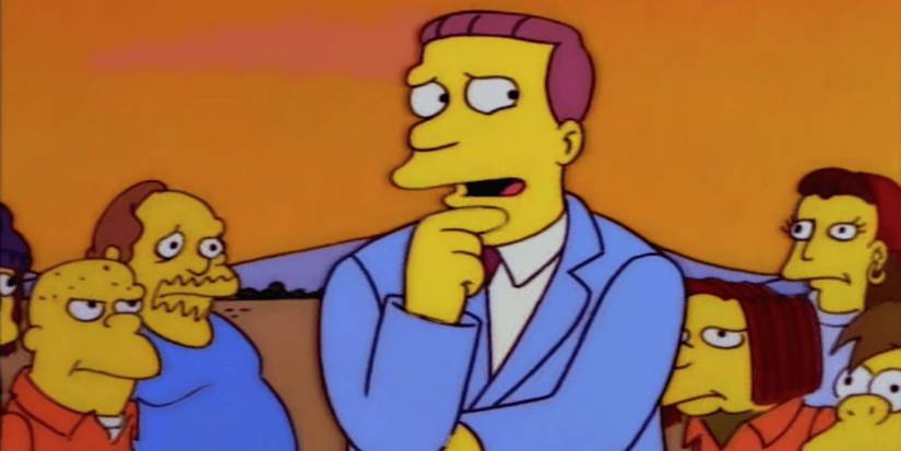 Lionel Hutz in a suit and tie looks contemplative as others stare at him in The Simpsons.