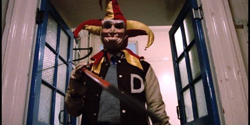Slaughter High, Marty (Simon Scuddamore) the nerd now wears a scary jester mask
