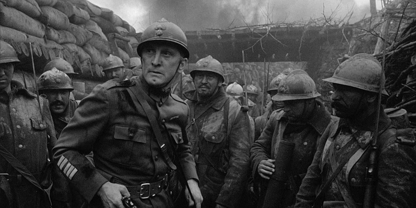 Kirk Douglas and WWI soldiers in a dirty trench in Paths of Glory