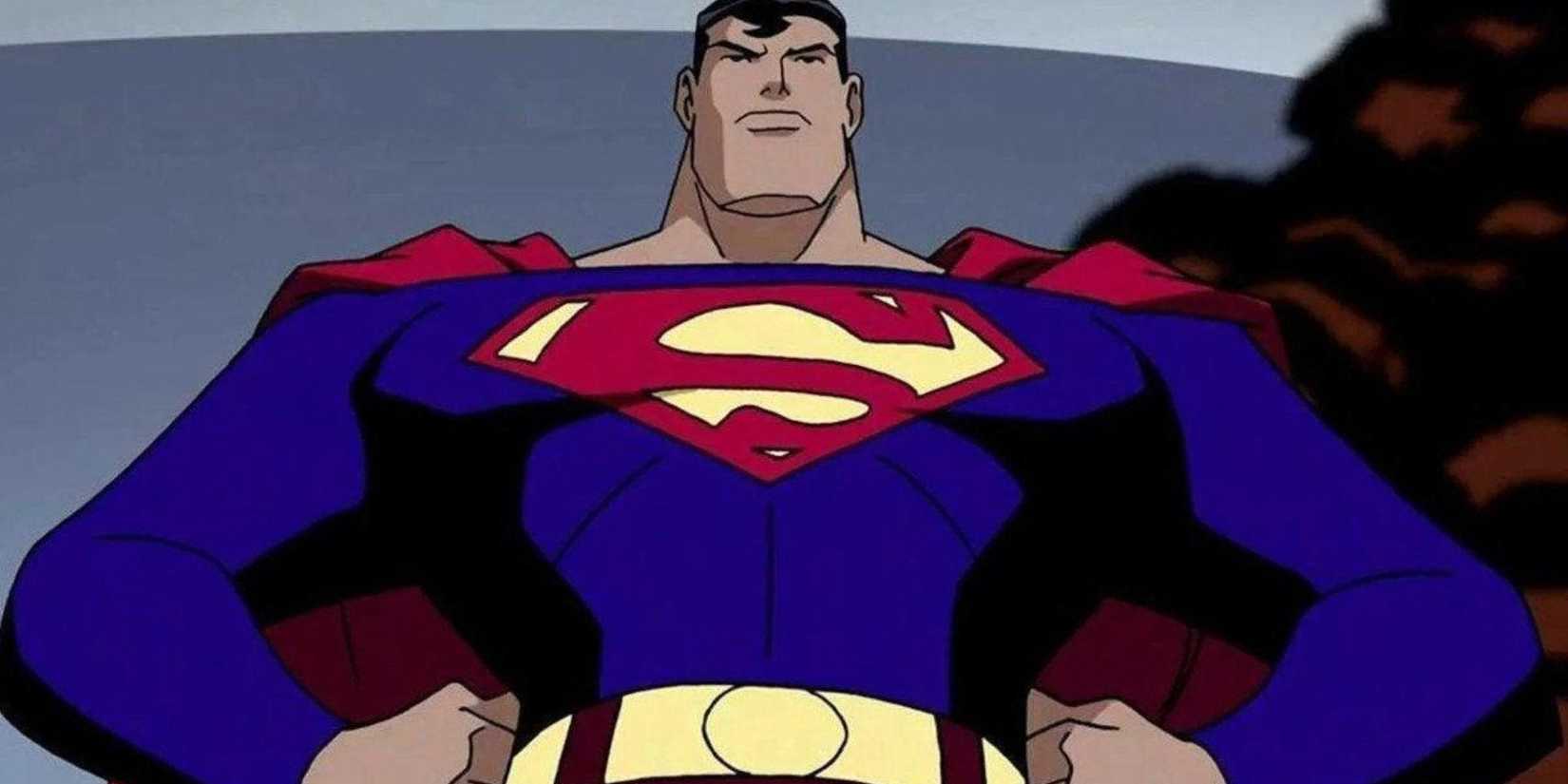 Superman with his hands on his waist looking serious in Superman: The Animated Series