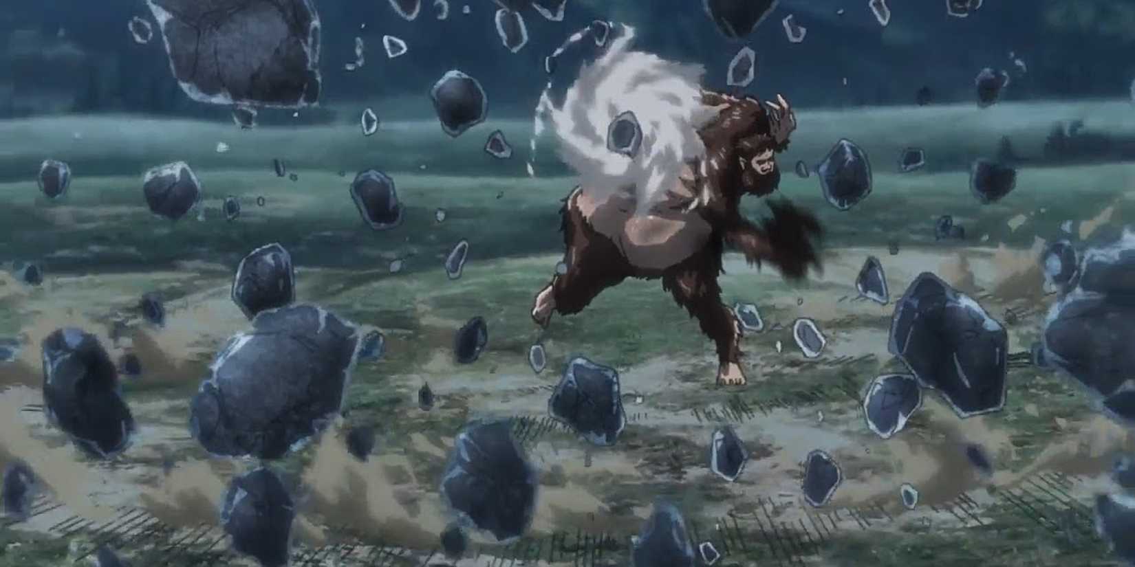 Titan raksasa yang mengerikan melemparkan batu ke layar di Attack on Titan.