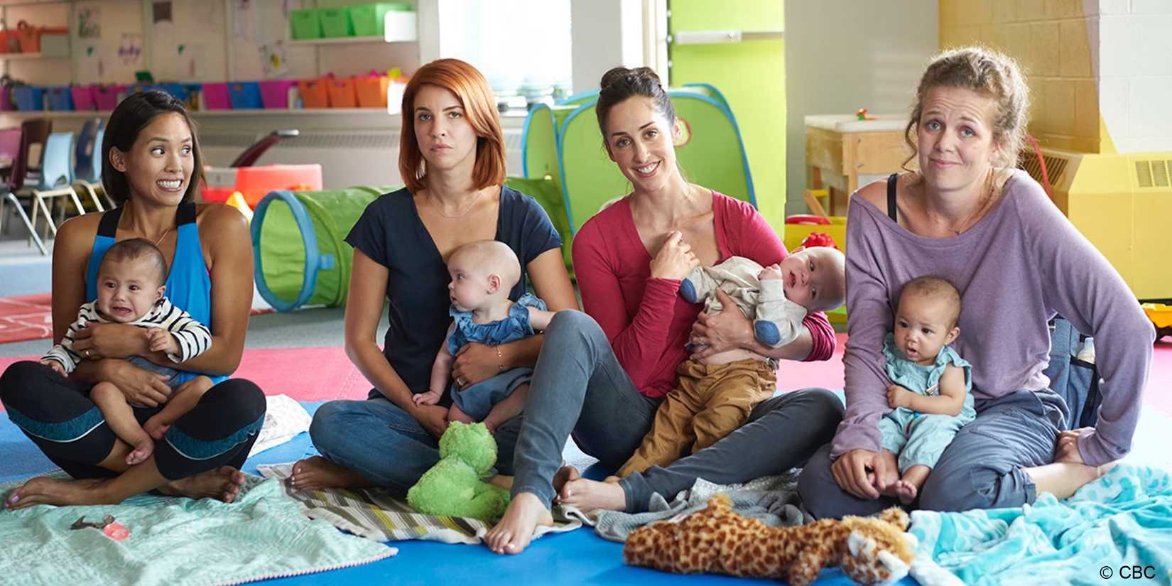 Jessalyn Wanlim, Dani Kind, Catherine Reitman, and Juno Rinaldi sitting with their babies in Workin' Moms