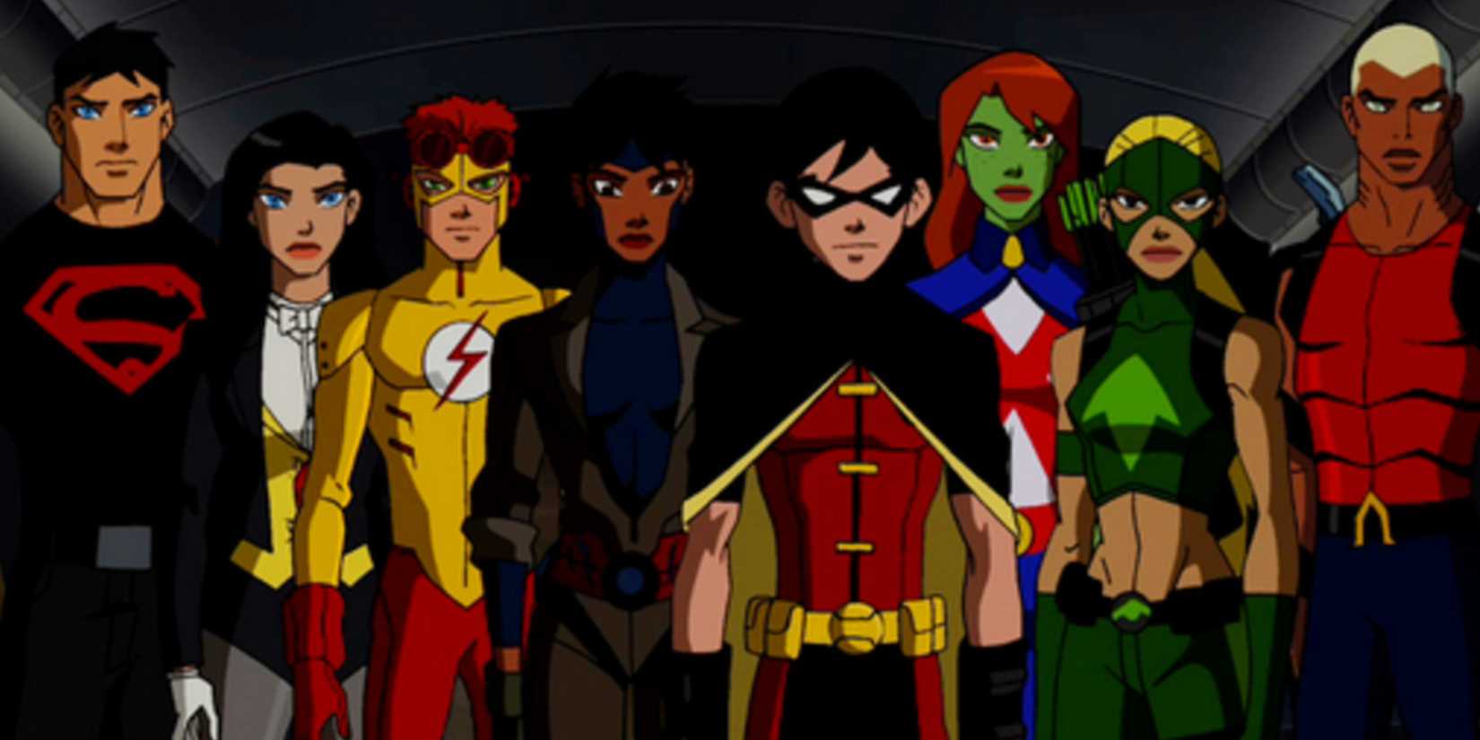 The team standing in line and looking ahead in Young Justice